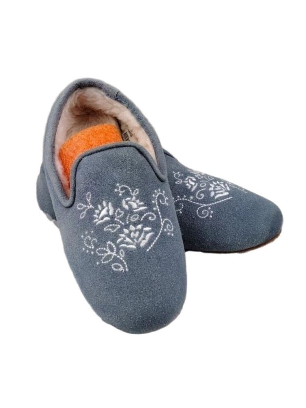 The Vermont Country Store Blue Suede Leather Floral Embroidered Slip On Slipper